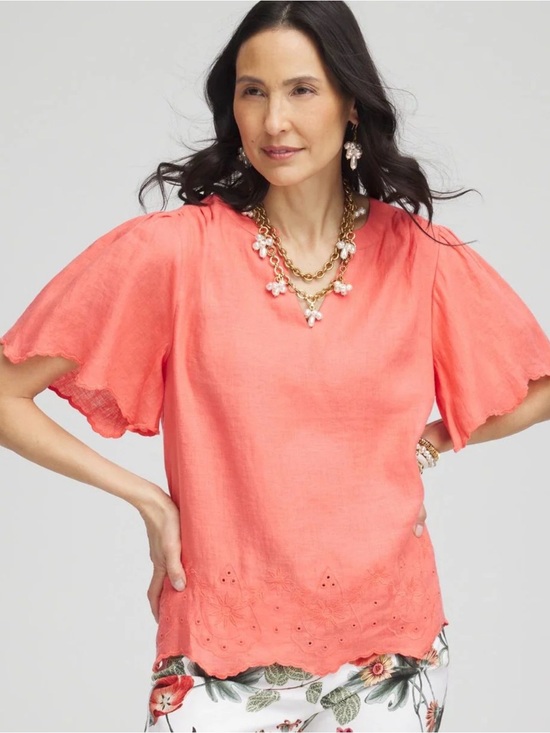 Chico's Tops - Chico's 100% Linen Coral Embroidered Hem With Flutter-Sleeve Blouse